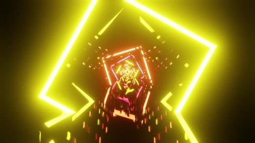 Gedrehtes quadratisches Neongelb mit rotem VJ-Loop-Animationstunnel-Hintergrund