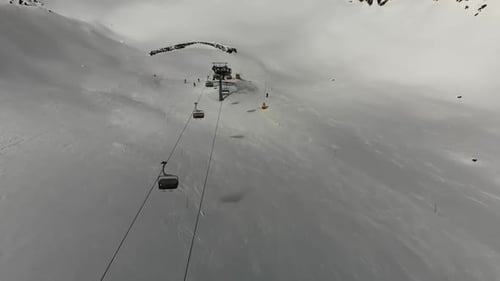 Aerial video of a cable car and people snowboarding and skiing in South Tyrol