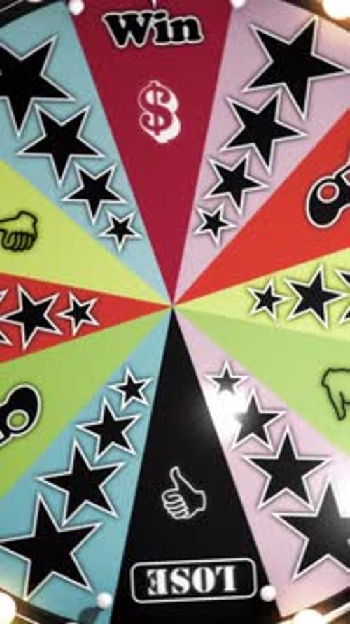 Game Show Spinning Wheel Landing at Win Slot Zoom Out Vertical Animation.