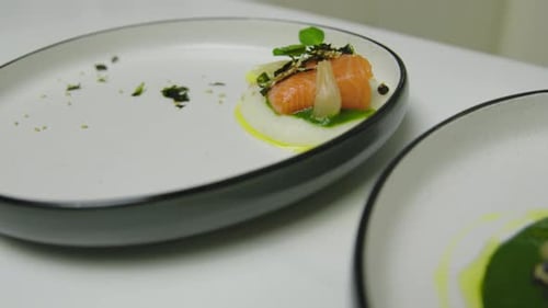 Close up of served plates with fancy tasty salmon meal covered with healthy sauce
