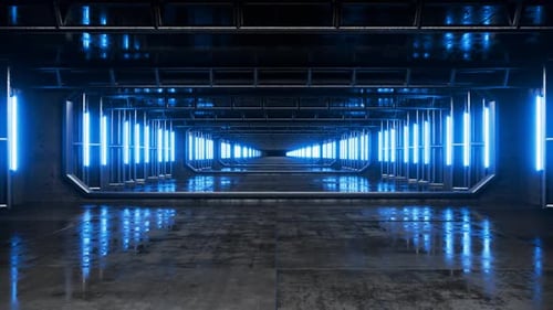 Camera movement through an endless tunnel with blue lights. Blue LED lights. Hangar. Concrete. Futur
