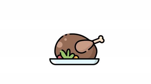 animación de iconos de pollo asado en un plato con guarnición.
