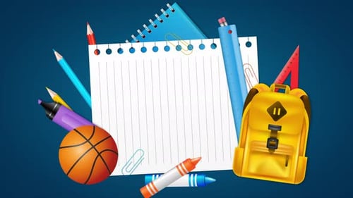 Back To School Items Flying Blue Background 4K