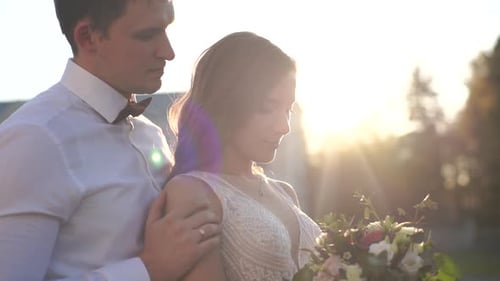 Wedding couple in the park. Young couple in love at sunset