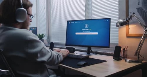 Adult Man Types Prompt in AI Chatbot on PC AI Image Generator Creates Portrait of Scifi Robot