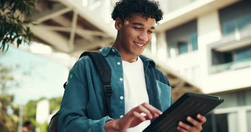 Outdoor, student and man with tablet for education, academic information and website for college