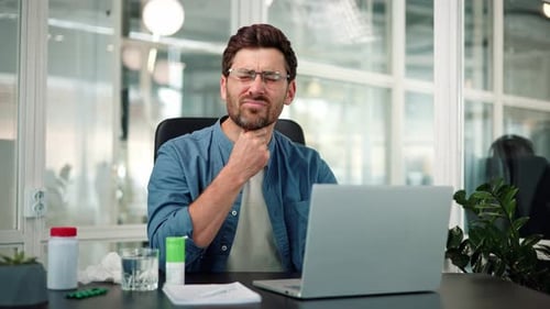 Ill Businessman Male Manager Has Sore Throat Coughs Close Up