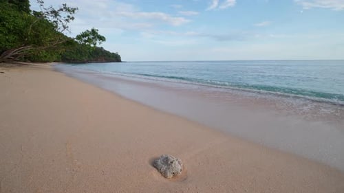 Tropical Sandy Beach and Blue Ocean Wave with Single Foreground Rock