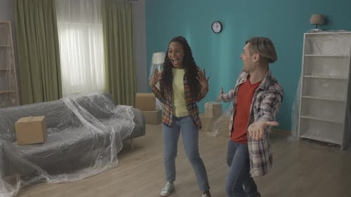 Closing the African American Woman's Eyes the Man Led Her to a New Apartment The Girl is Delighted