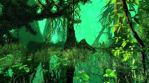 Tropical Swamp With Different Types Of Plants.