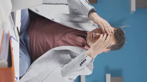 Vidéo verticale d'un vieil homme, employé de bureau à domicile, suffoque à cause de la chaleur.