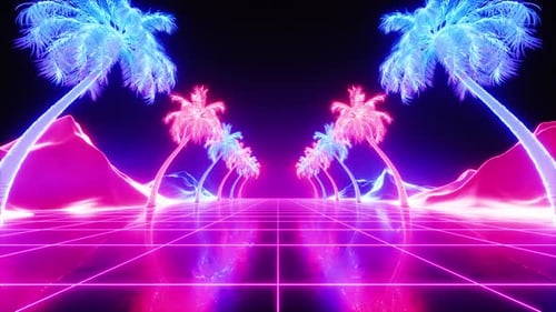 Glowing Retro Synthwave Palm Trees and Grid Loop Background