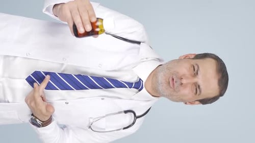 Doctor Presenting Medicine Bottle with Dosage