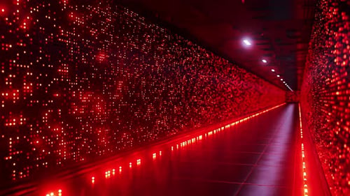Datacenter corridor with red blinking lights