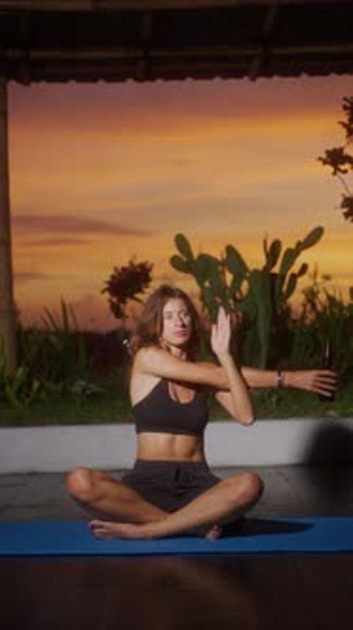 Young Woman Yoga and Beer at Tropical Sunset