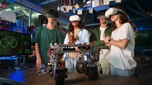 Group of young people in VR glasses discussing and doing experiments in robotics in a laboratory. Ro