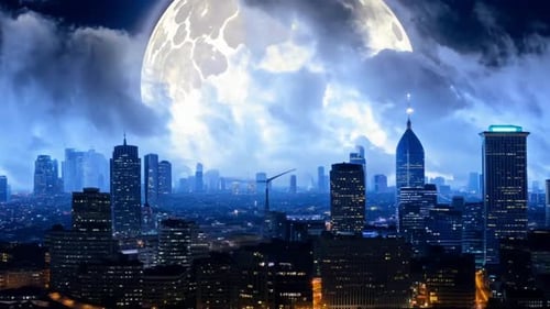 Dramatic Supermoon Over Cityscape with Moving Clouds