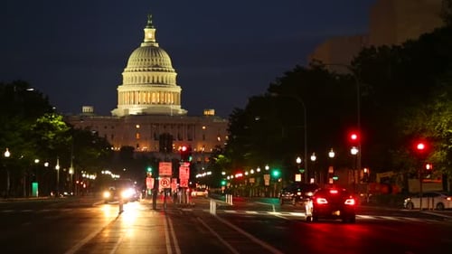 Washington Dc, United States Capitol Building Night View From From Pennsylvania Avenue With Car L...
