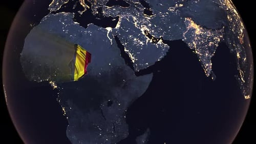 Realistische digitale Erdumlaufbahn und Zoom, leuchtende Landesflagge, eingebettet in die Grenzen des Tschad