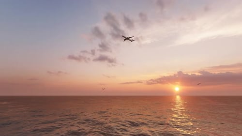 Airplane Flying Over Ocean at Sunset with Gulls