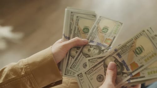 Woman Counts Money Holding Dollar Bills Close Up