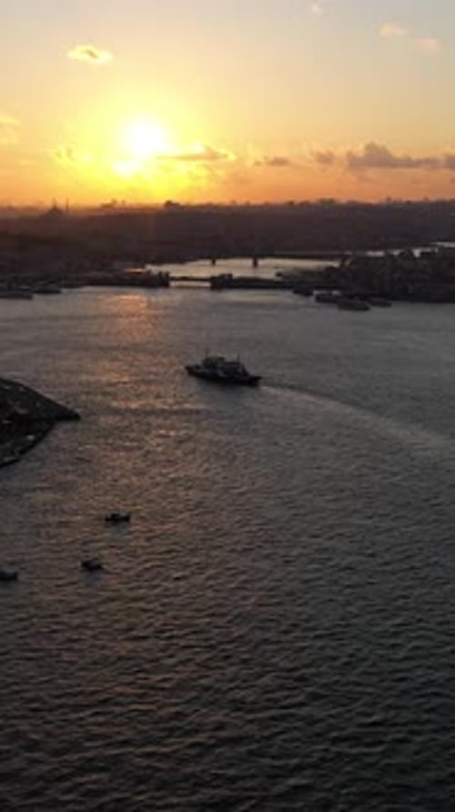 Istanbul City at Sunset and Golden Horn Bay Aerial View Vertical Video