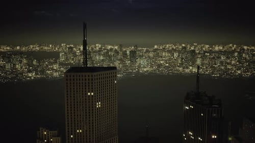 Aerial Drone View of Night Modern Skyscrapers in the Center of a Large Metropolis City