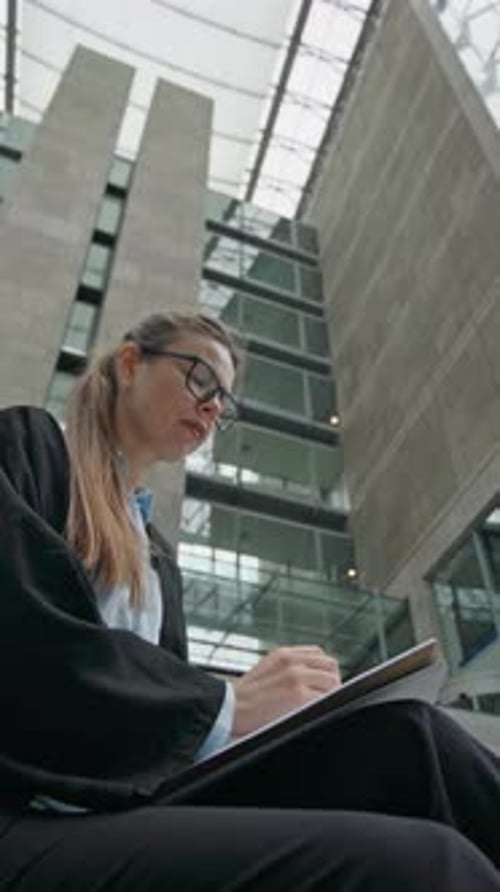 Professional Woman Working on Tablet Outside Office