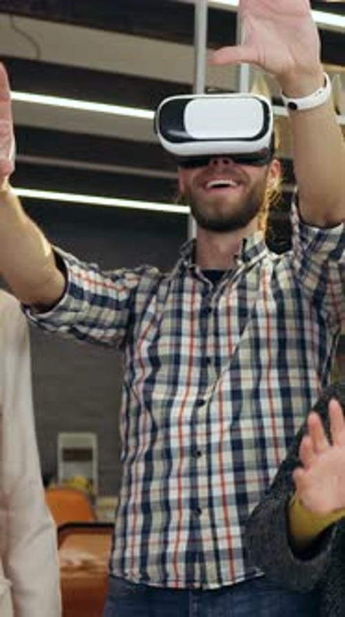 Slow Motion of Attractive Smart Modern Considerate Mixed Race Office Friends in Augmented Reality
