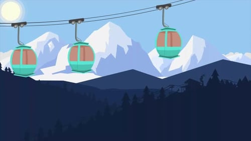 Animated Ski Lift Cable Cars Moving Over Snowy Mountains