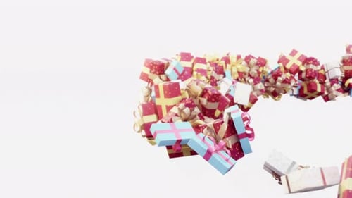Colorful gifts flying in mid-air on white background