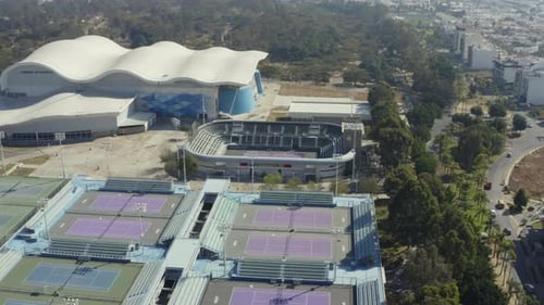 Aerial view of the Aquatic Center and the Pan American Tennis Center in the CODE Metropolitano. Hous