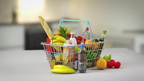 Inflation and Growth of Food Prices Concept Shopping Basket Full of Grocery Products and Rising
