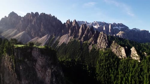 The Dolomites, Northern Italy With Sharp Rugged Peaks During Sunrise. Aerial Drone Shot