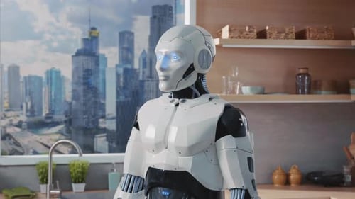Portrait of White Robot Like Human Standing in Kitchen Looking at Camera on Background of Window