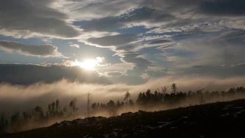 Dynamische Atmosphäre, Berglandschaft. Gewitterwolken verstecken die Sonne. Nebel bewegt sich zwischen den Bäumen. Hori