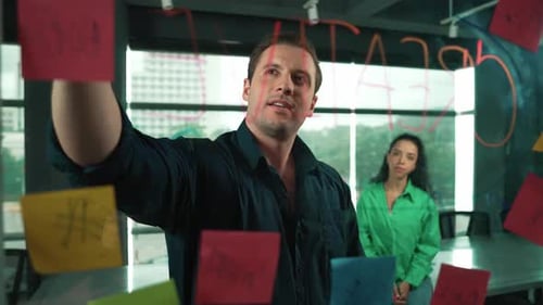 Professional business team discuss marketing idea in modern office. Manipulator.