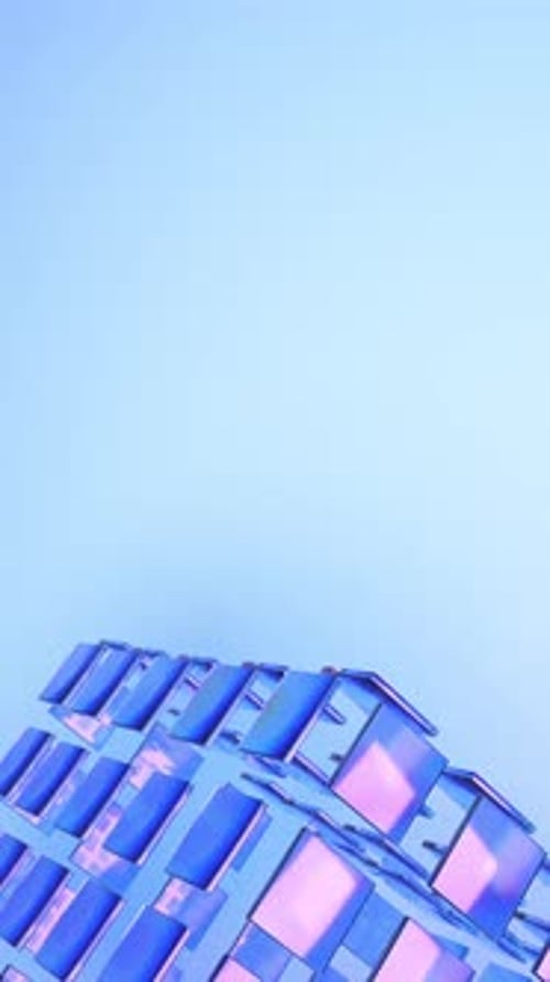 Blauer minimalistischer, durchscheinender Würfel aus Glasblöcken rotiert auf hellblauem Hintergrund. 3D-Render-Animation