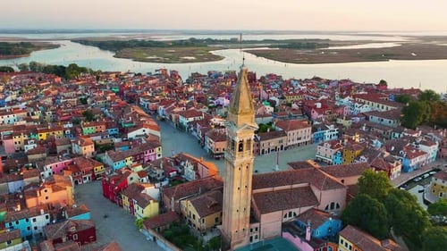 Aerial View of Church of Saint Martin Bishop and Campanile in Burano Near Venice