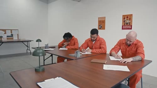Focused Multiethnic Inmates Writing Resumes at Rehabilitation Course
