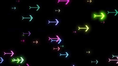 Glowing Neon Arrow Direction Animation On Black Background. Lots Of Glowing Neon Arrow Moving