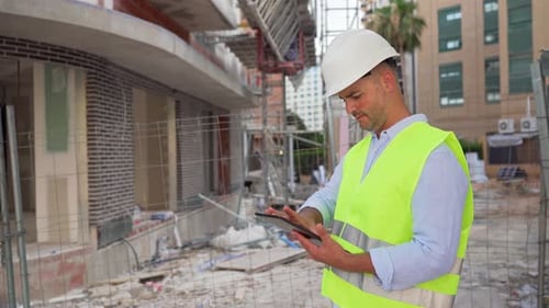 Video of male Construction engineer wearing safety helmet and vest using tablet on building site