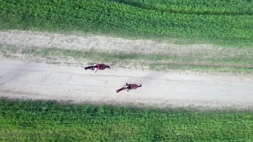 Horseback riding in a green Badlands terrain, aerial footage