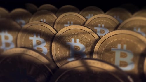 3D Animated Bitcoin Coins Flowing Through Digital Finance