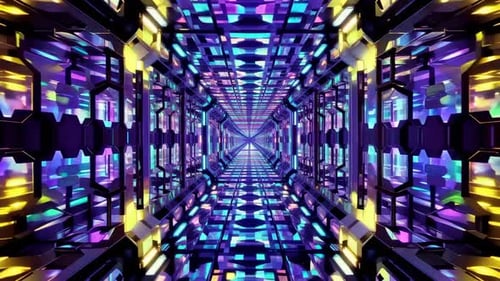 Futuristic 3D neon tunnel loop with vibrant colorful geometr