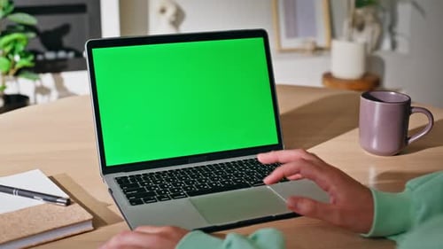 Woman Hands Using Touchpad Green Screen Laptop at Home Closeup Unknown Female