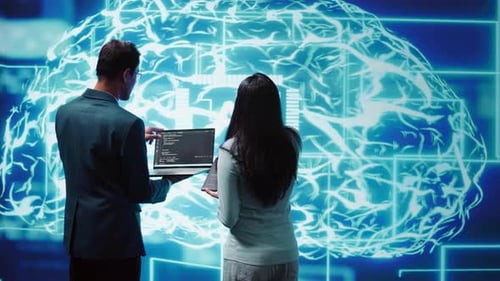 High Tech Workspace Colleagues Using AI System Doing Brainstorming