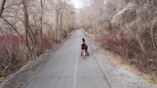 Joggerin schiebt beim Laufen im Freien einen Kinderwagen — Luftaufnahme