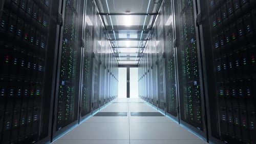 Camera moving along the narrow corridor in data center with server equipment on both sides