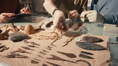 Close-Up of Archaeology Team Discussing Artifacts at Table in Laboratory